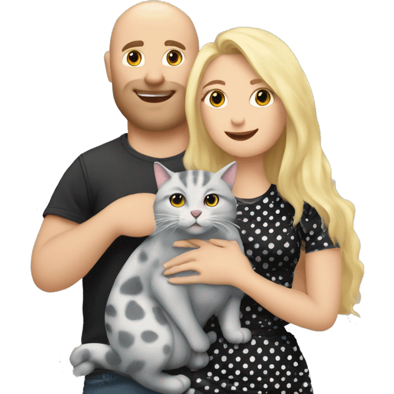 3 objects - a beautiful blonde with long hair and a polka-dotted dress, a bald handsome man in a cap and a rock T-shirt, and a fat gray cat with black spots. The man hugs the blonde and holds the cat in his hands emoji