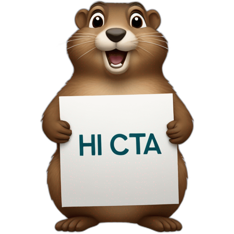 Groundhog standing holding a sign which reads "Hi Cata" emoji