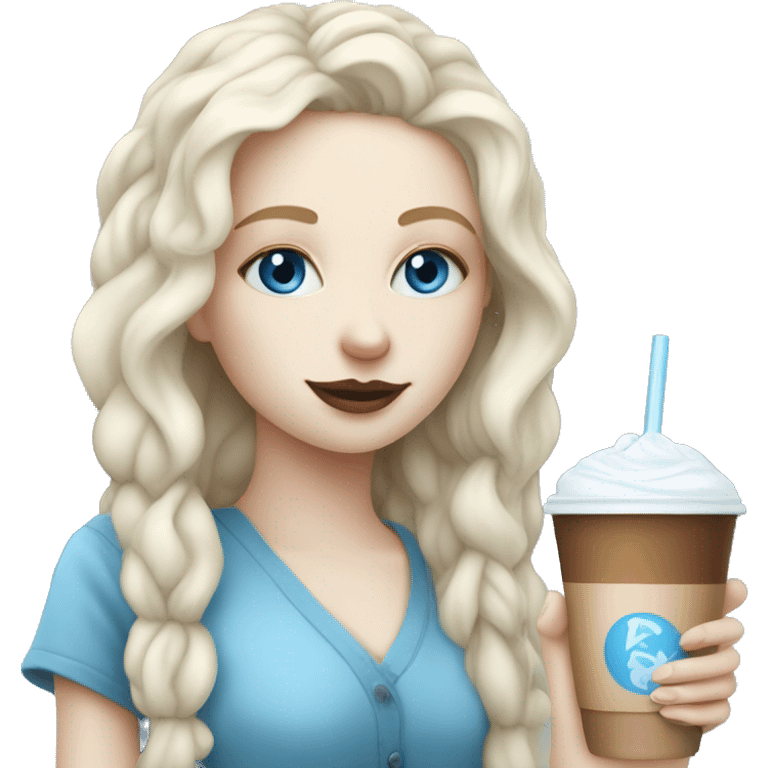 Pale skin girl with blue eyes drinking ice latte  emoji