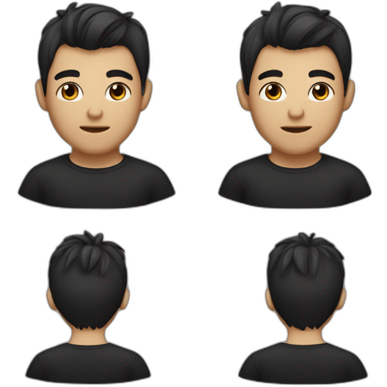 a guy with blue eyes, dark hair and bangs with a top-knot hair cut in a black t-shirt emoji