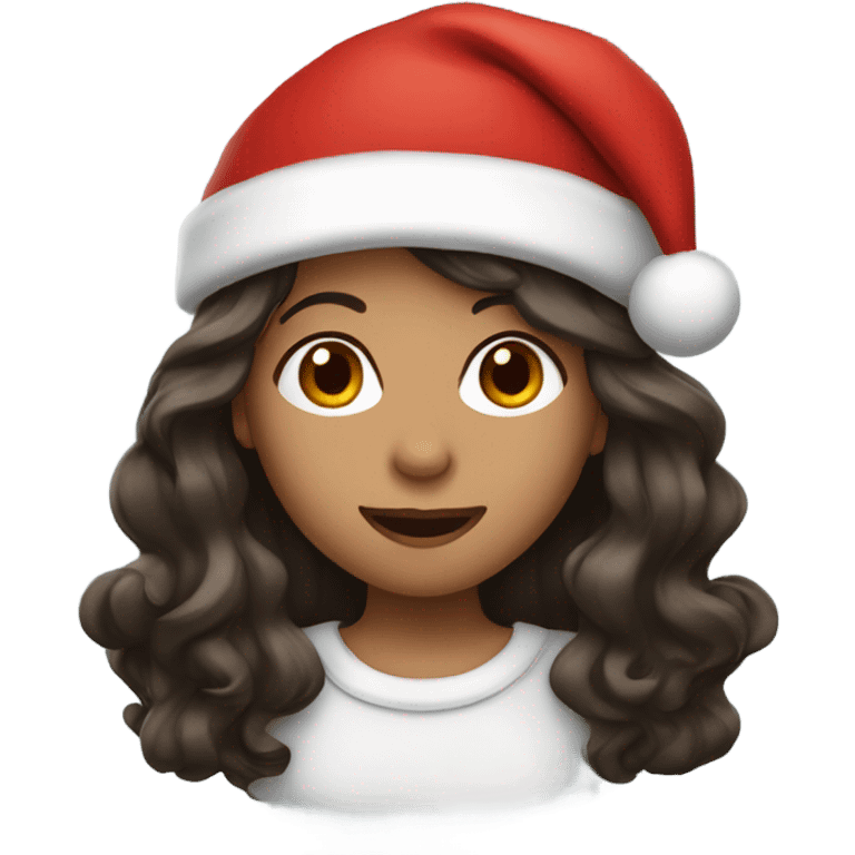 Girl with long wavy dark brown hair wearing a Santa hat emoji