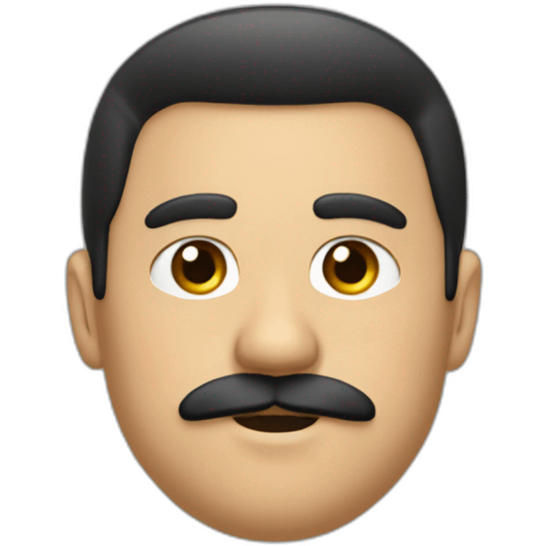 Fat, young, eye black, hair black, thin mustache think, emoji