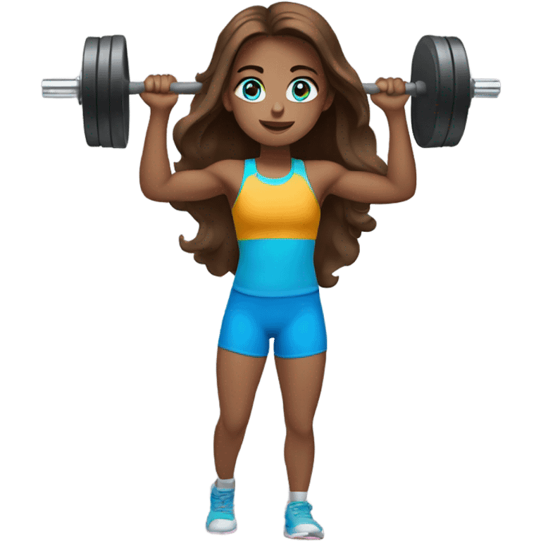 girl with long brown hair,  bright blue eyes, lifting weights emoji