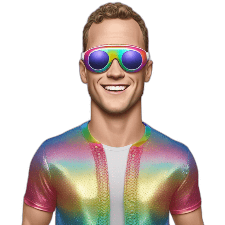 Fancy disco Jonathan Toews wearing rainbow lace shirt and wearing VR glasses and eating a moon pie emoji