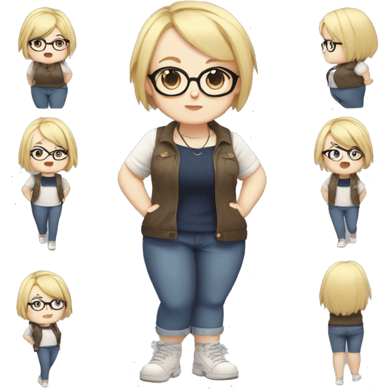 Chubby anime girl with glasses and short blonde hair full body wearing cute clothes emoji