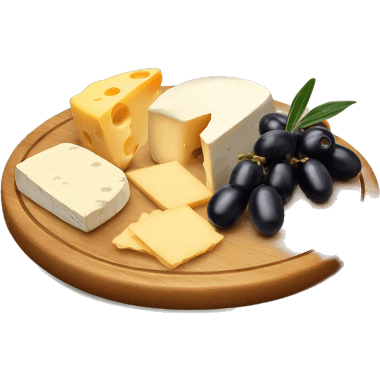 realistic cheese plate on wooden board lots of olives emoji