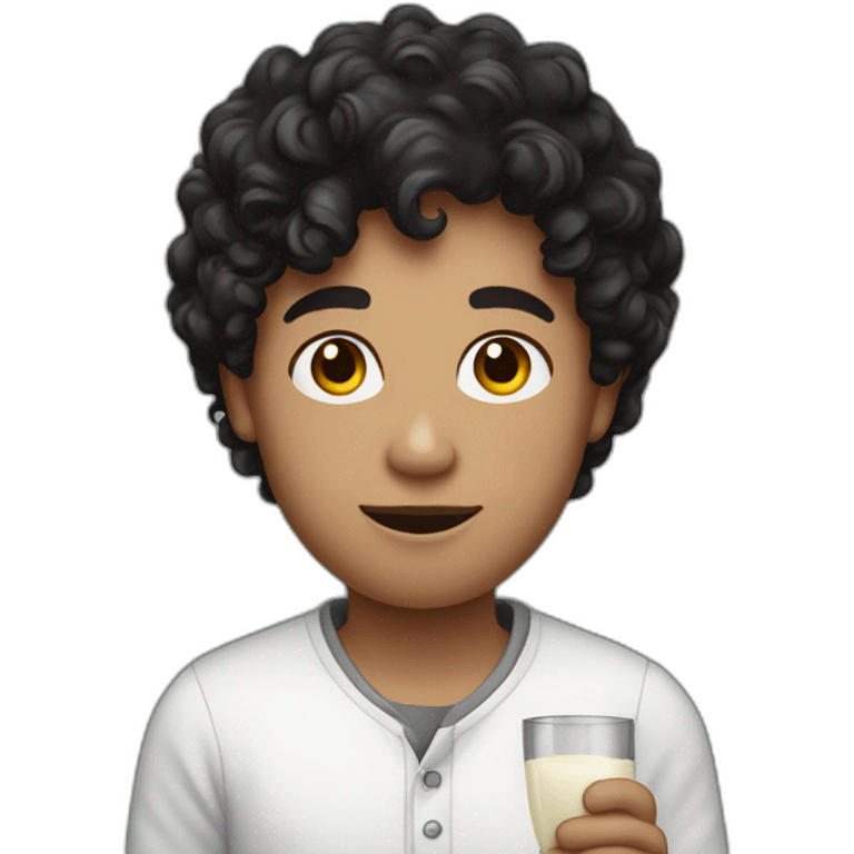 A pasty white teenage boy with dark black curly holding a wineglass of milk emoji