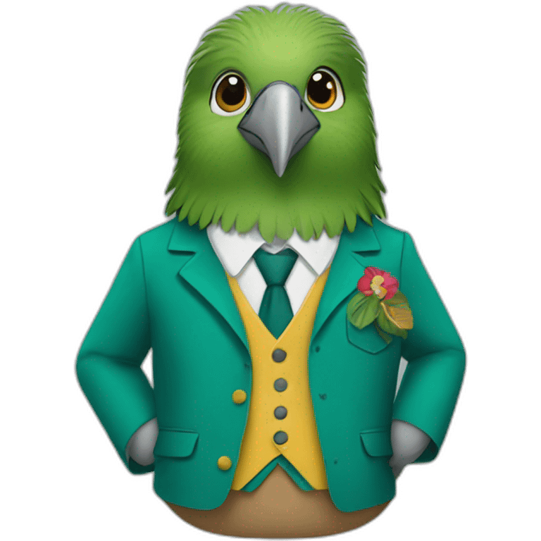 Kiwi bird wearing a school uniform, red vest and teal blazer emoji