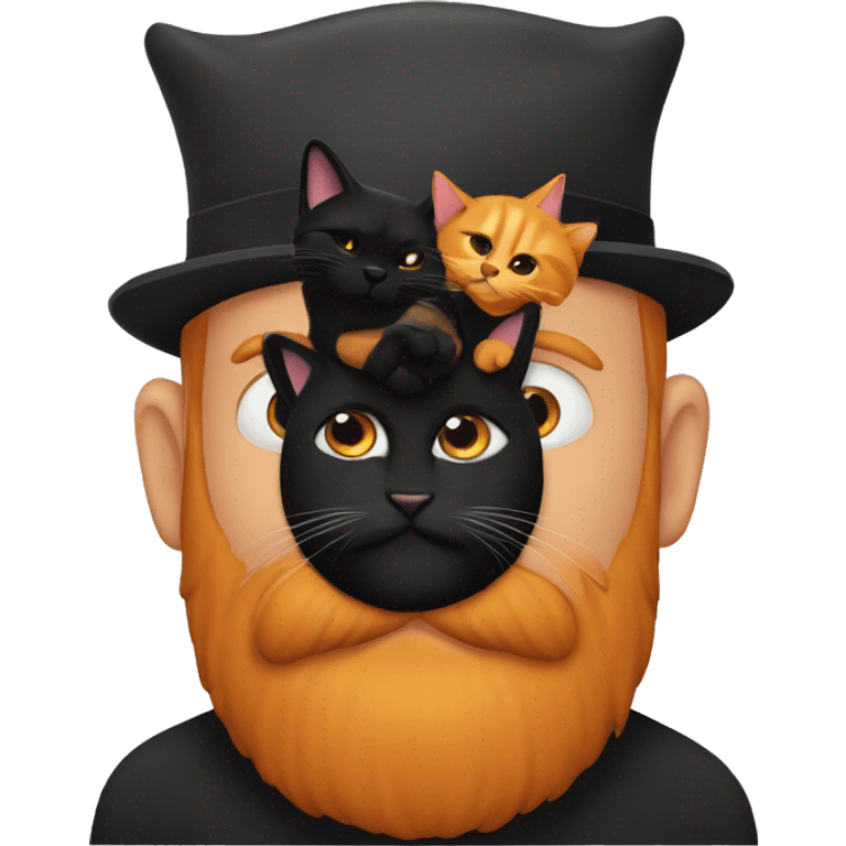 Orange and black cat sitting on bearded mans head emoji