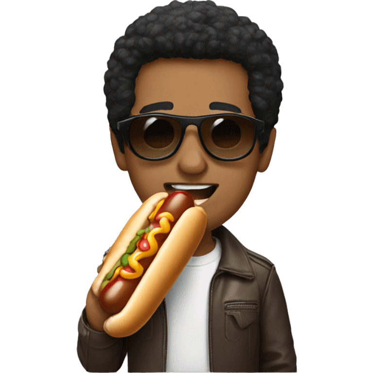 man with black hair wearing aviator sunglasses  eating hotdog emoji