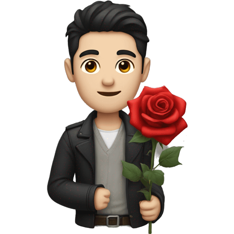 A man with pale skin and black hair clutching a red rose in his hand emoji