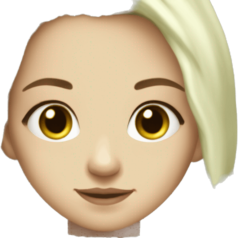 Pretty brown eyed white girl with green hair, with olive green sweater reading cozy emoji