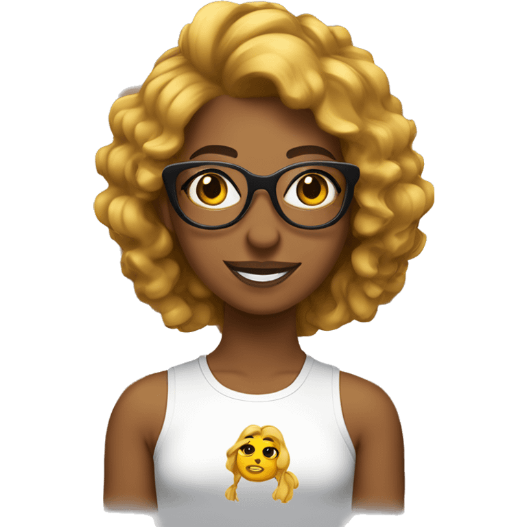 Chica cabello negro onduado hasta los hombros con lentes emoji