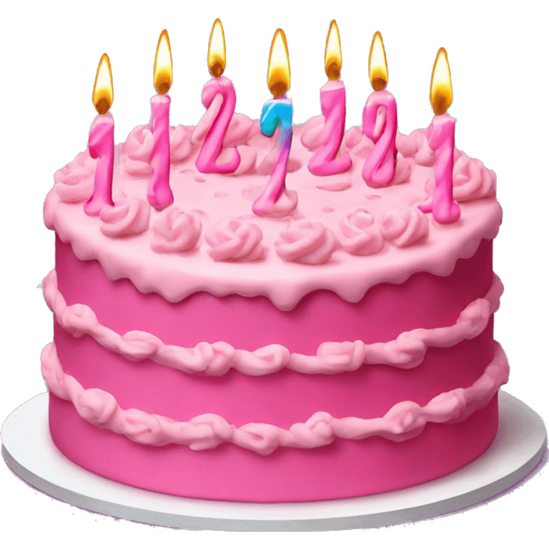 Pink birthday cake with 21 numeral candles emoji