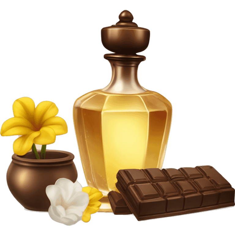 An antique perfume bottle with oil made of bronze and brown crystals, coconut cream and coffee milk flow, chocolate, yellow flowers of fragrant vanilla lie next to it emoji