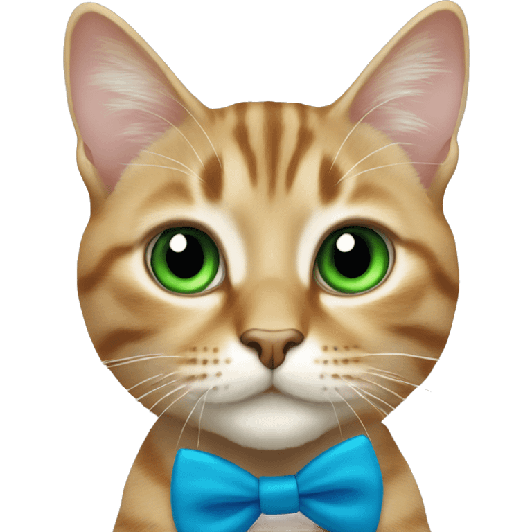 A tabby cat with green eyes and a blue bow tie  emoji