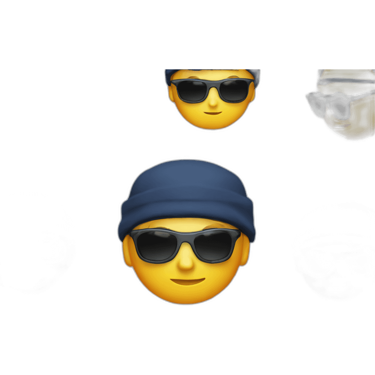 a cartoon boy with yellow skin, navy tinted sunglasses, with orange rims adn a black beanie, and a yellow hoodie emoji