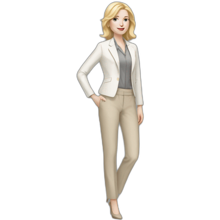 Full height pale skin woman with blonde Straightened Hair to shoulders, White classical jacket, beige Arrow pants and gray blouse holding a color palette in the hands emoji