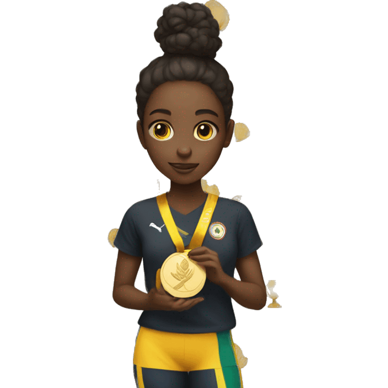 black girl holding a gold medal emoji