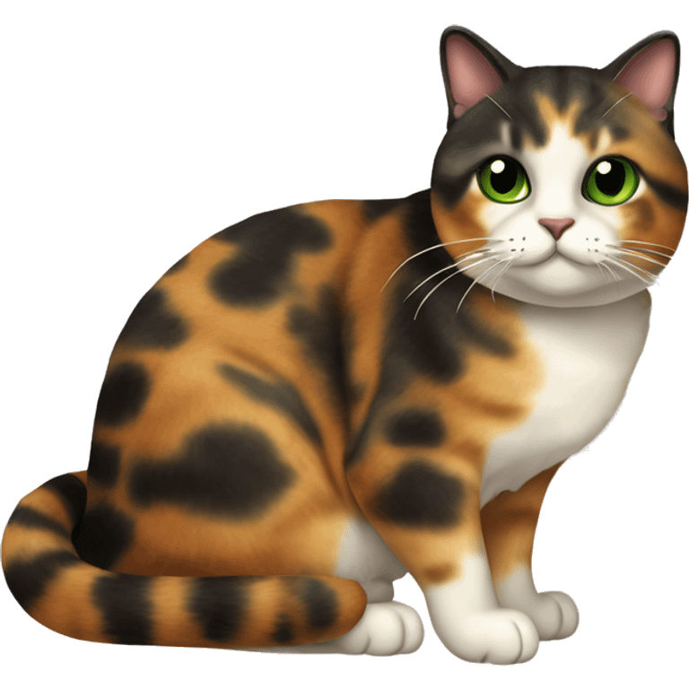 Chubby Tortoiseshell cat, with green eyes, in a loafing position. No white, mainly black with orange patches.  emoji