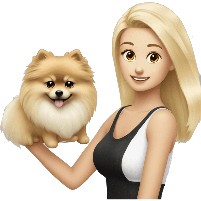 blondes mädchen mit einem schwarz weiß pomeranian auf dem arm  emoji