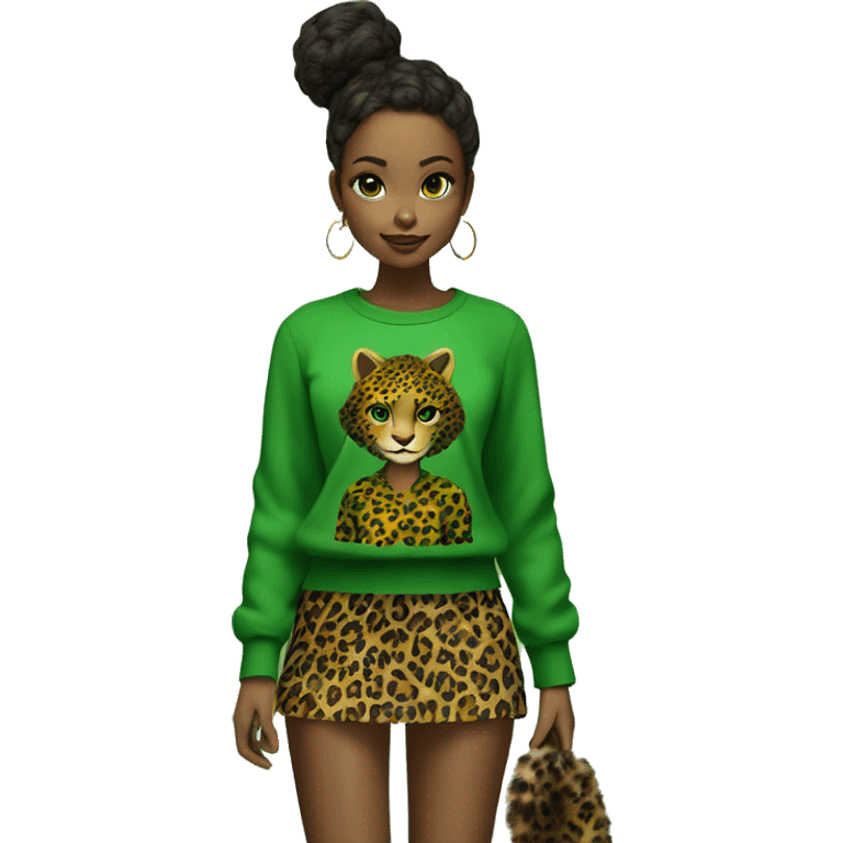 Green girl with panter print top on, panterprint skirt and panterprint fur boots emoji