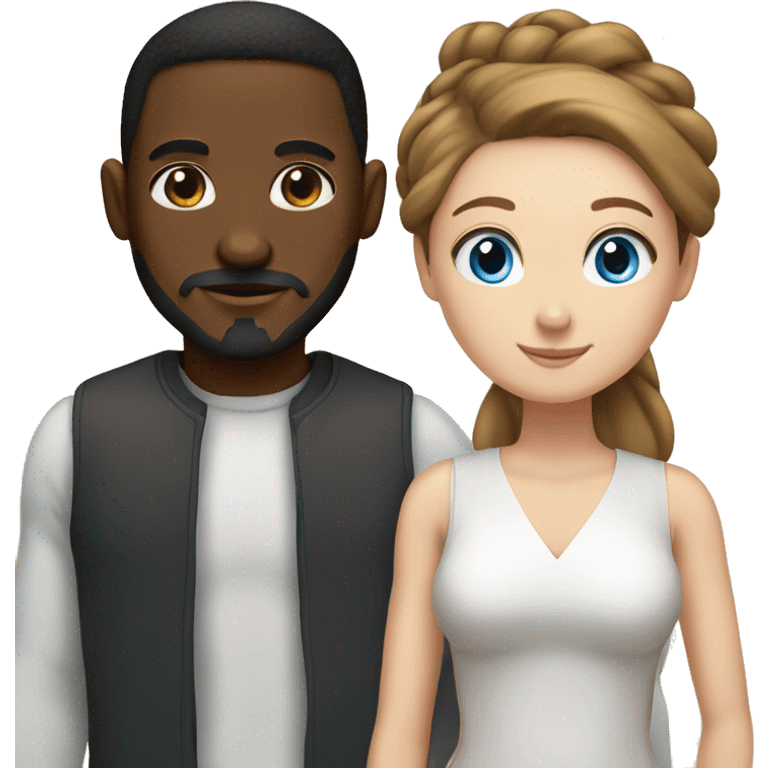 Black man couple with bun, moustache and beard and white girl with blue eyes and long, straight brown hair emoji