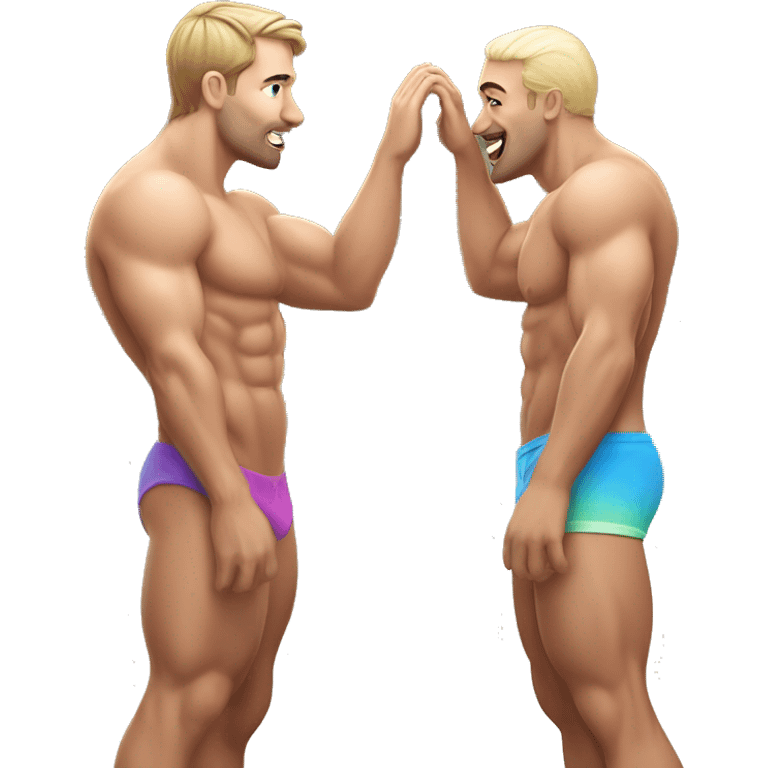 Caucasian Muscular gay men kissing wearing bikini emoji