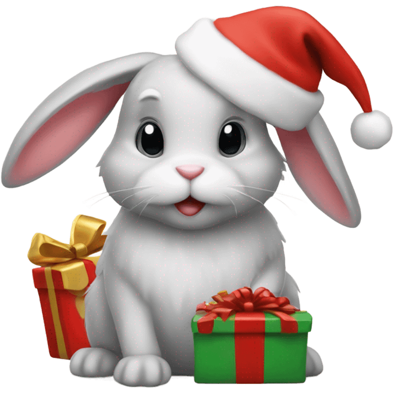 Bunny with Christmas hat and gift emoji