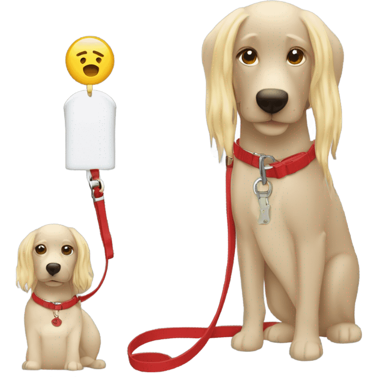 Put a Red dog collar on a blond white human female with medium length hair and add a red leash connected to the collar emoji