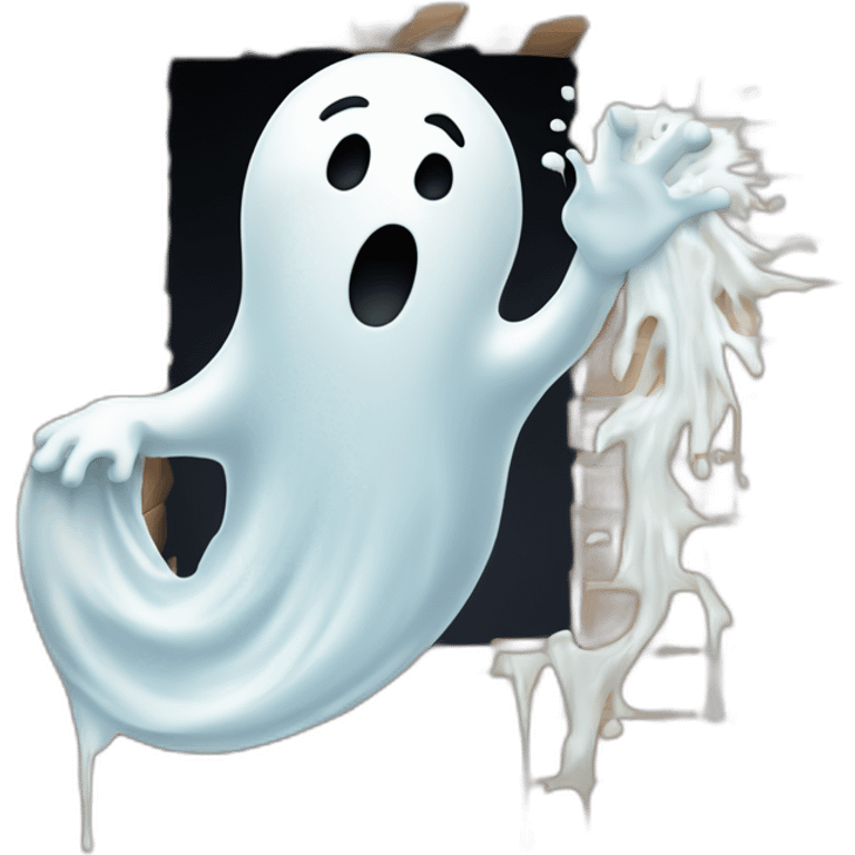 ghost stuck halfway in a wall ejecting a spray of white milky substance forward from stomach area emoji