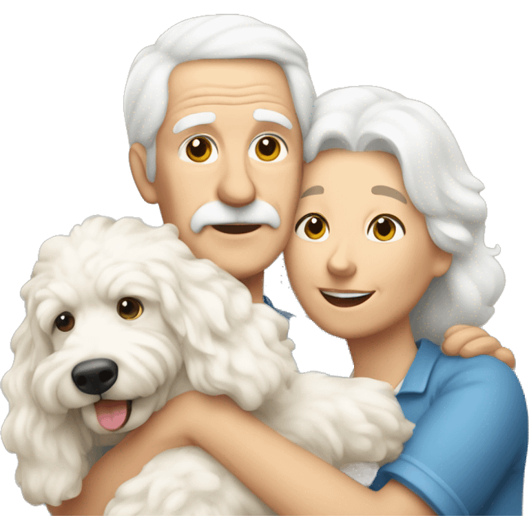 old couple r hugging with a big white goldendoodle emoji