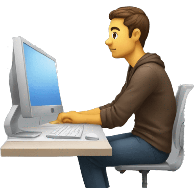 A graphic designer sitting behind a computer and wondering from the opposite angle emoji