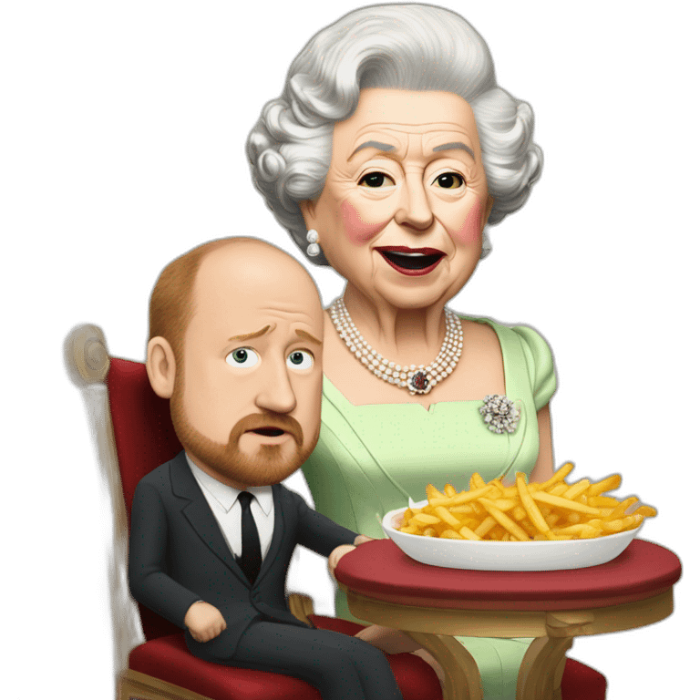 Queen Elizabeth II eating fries with louis c.k. emoji