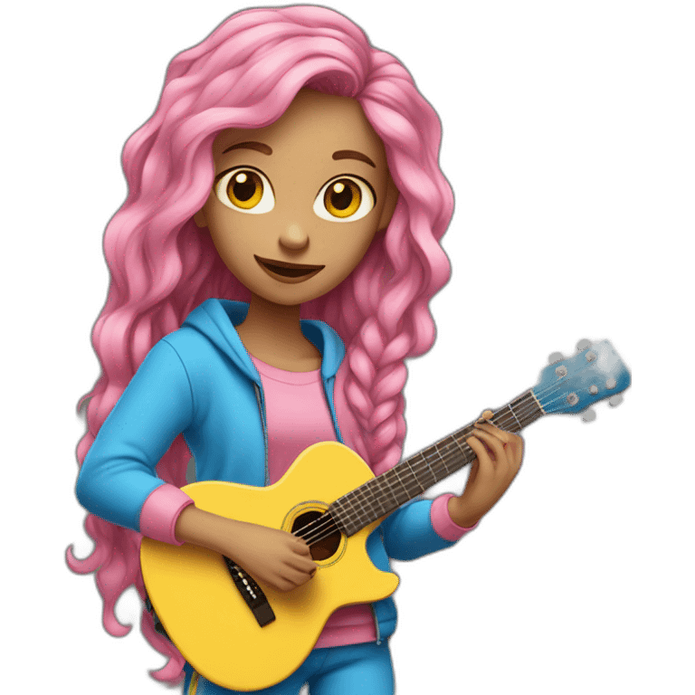 girl with blue eyes and long pink hair with a yellow and blue hairclip and a pink tracksuit playing the guitar emoji