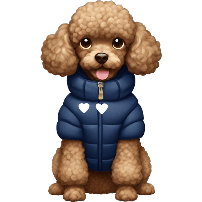 Brown toy poodle wearing a navy blue puffer jacket with white hearts on it  emoji