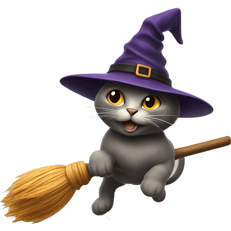 cat with witch hat flying on a broomstick emoji