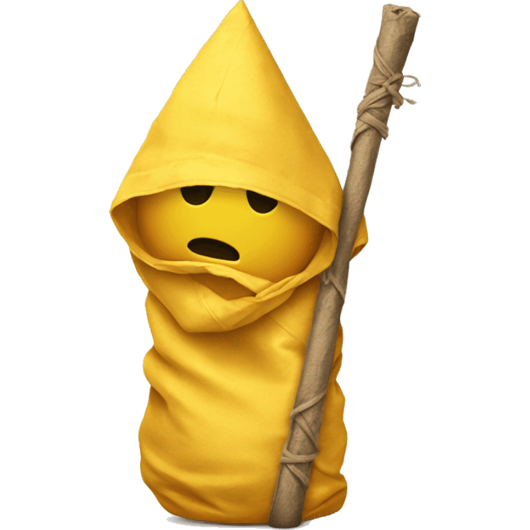 a sad yellow emoji turned around with a bindle on his back emoji