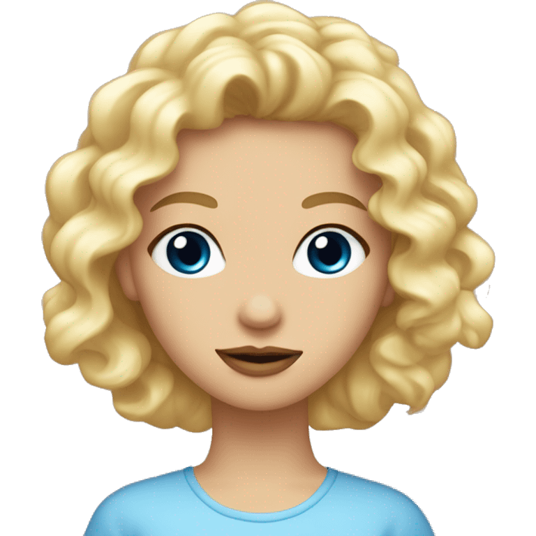 una chica blanca, rubia de rizos, ojos azules, labios rosas, pestañas bonitas emoji