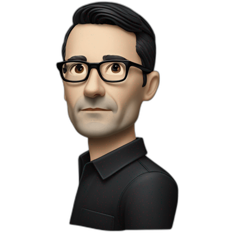 small photo realistic Ralf Hutter from Kraftwerk, short straight black hair, Dark Brown eyes, black glasses, thin, black shirt, side view, riding open top black tesla model 3 emoji