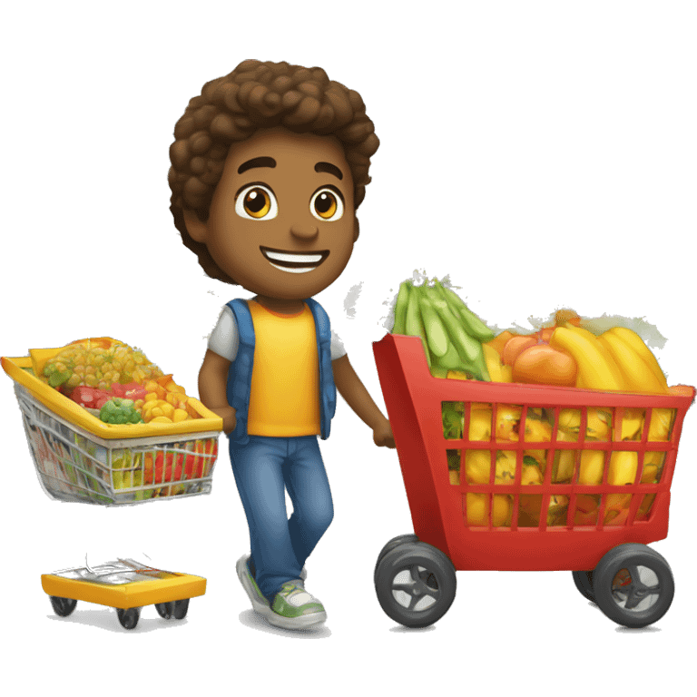 Jovem sorrindo com carrinho de supermercado emoji