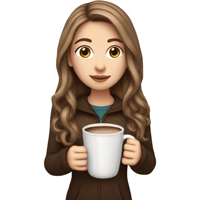 white girl with brown long hair and a hot chocolate emoji