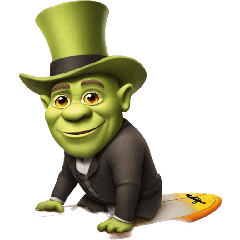 Appropriately aged Shrek on a surfboard with a top hat emoji