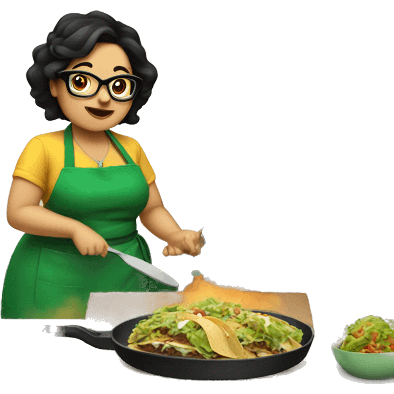 chubby lady with black hair green apron  with glasses cooking tacos emoji