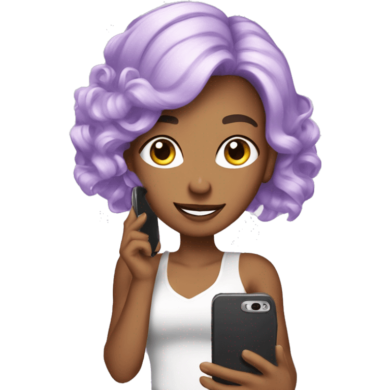 A pretty woman with lavender hair is taking a picture with her cell phone. emoji