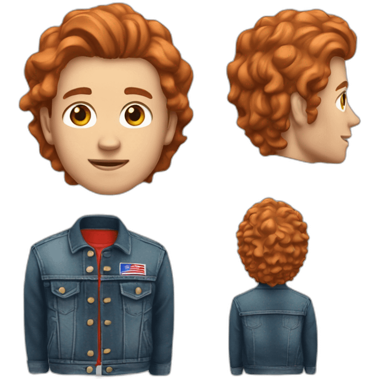 a young white man in a jean jacket and bills jersey with short wavy red hair emoji