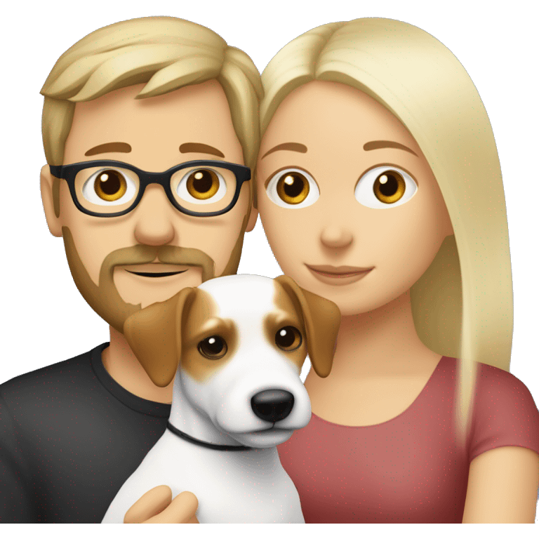 White blonde girl and a white men with brown hair, glasses, a little Beard and moustache, both cuddling a jack Russell emoji