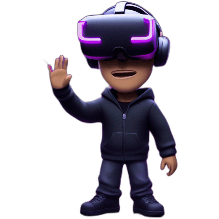 Steve Jobs wearing a black hoodie with "OMG" letters on it and VR headset in a cyberpunk VR environment with violet neon lighting. emoji