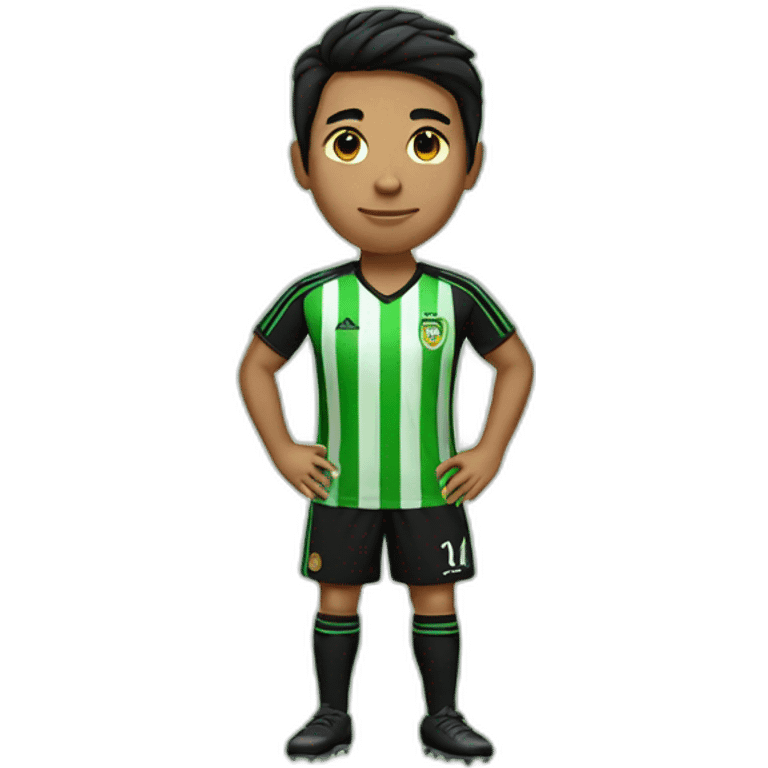 Soccer fan with short black hair wearing a jersey with black and green stripes emoji