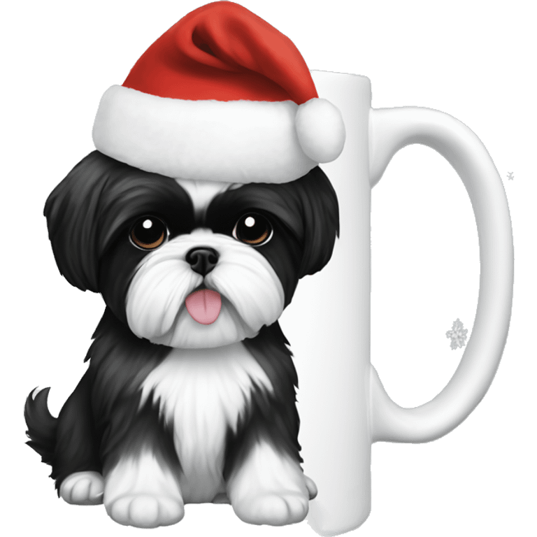 Black and white shih tzu wearing a Christmas hat sitting in a little mug emoji